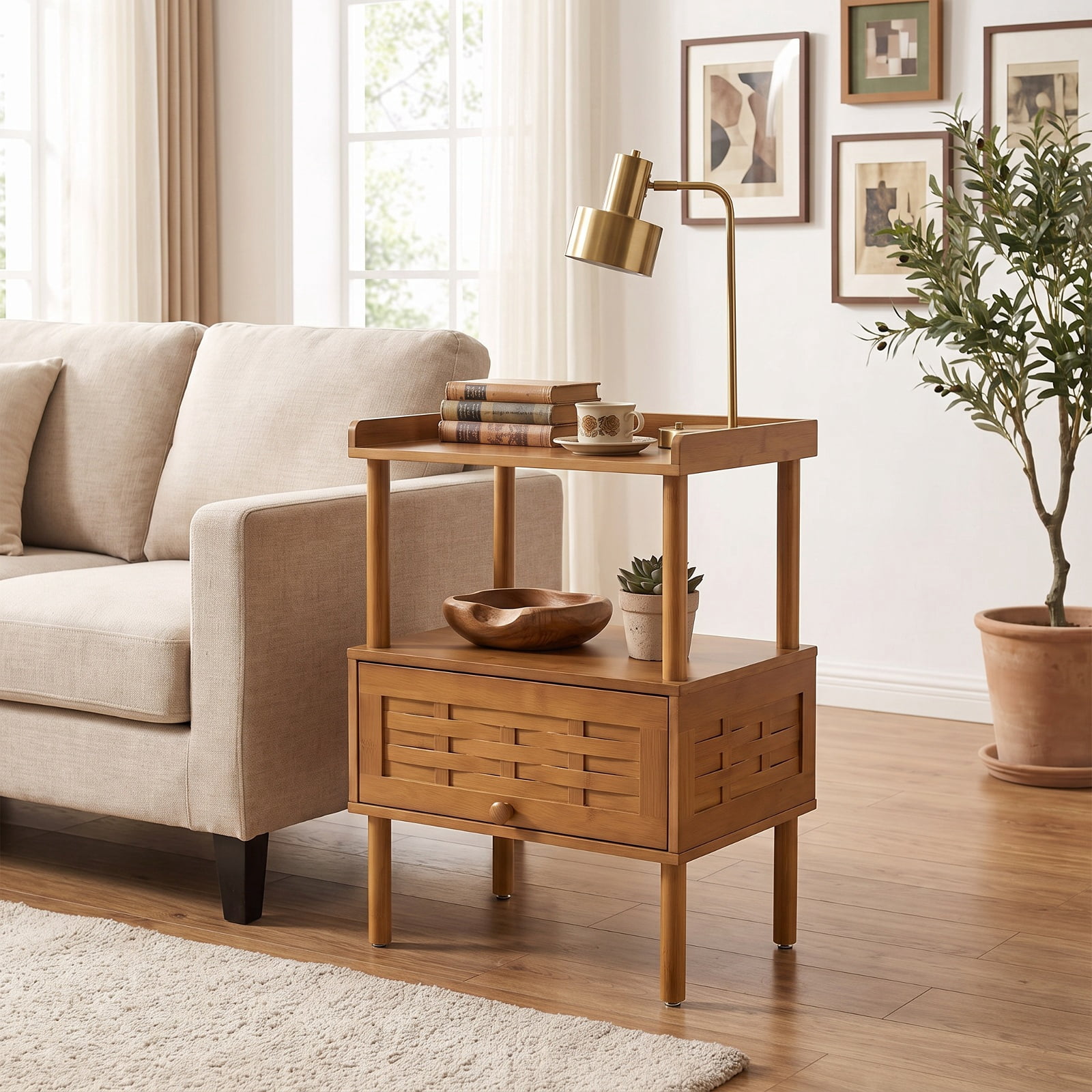 Furnibear Bamboo Rattan Nightstand with Raised Edge Flip-Up Door and Open Shelf for Bedroom Living Room Bedside Sofa Side Small Space, Walnut