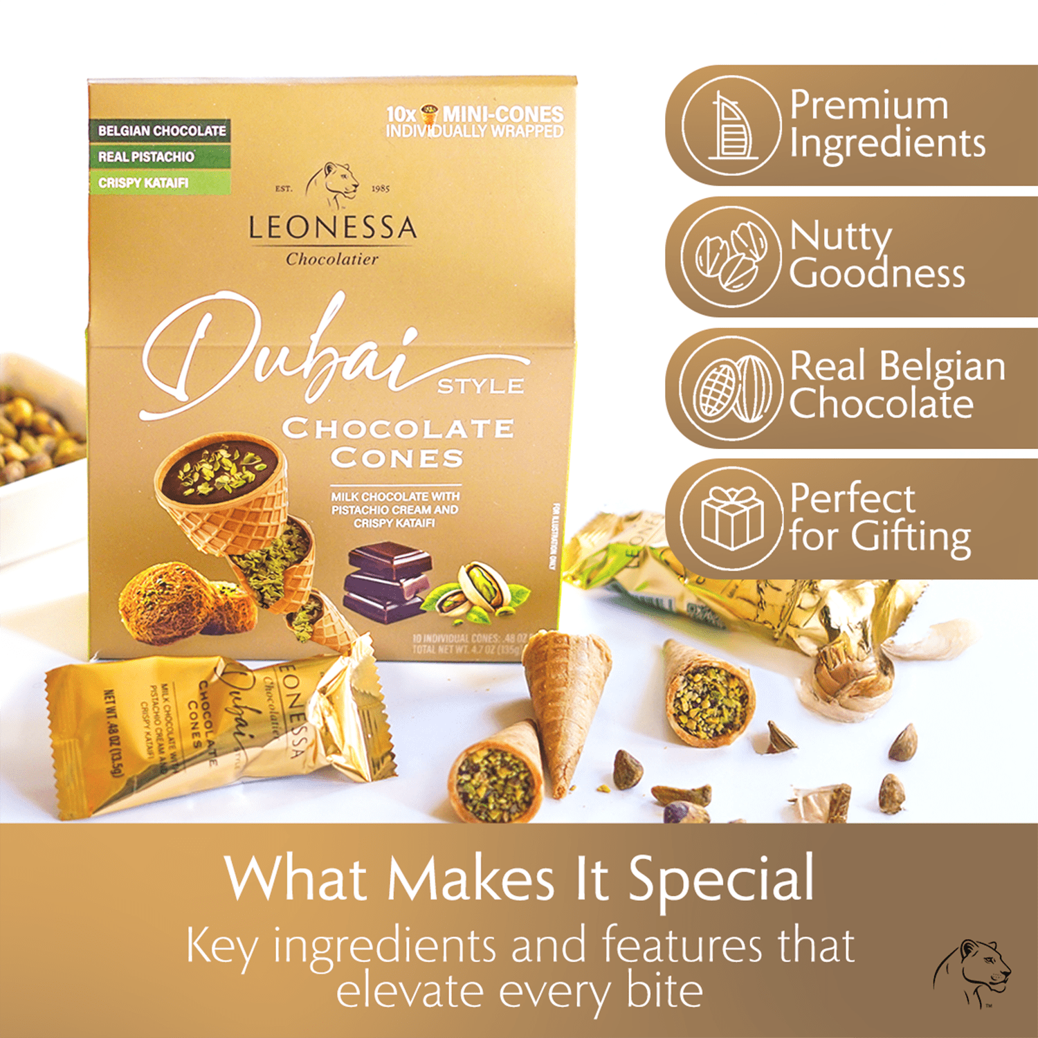 Leonessa Chocolatier Dubai Chocolate Cones, Milk Chocolate with Crispy Kataifi & Pistachio Kunafa Cream, Made with Belgian Chocolate, 4.7 oz Gable Box, 10 Count