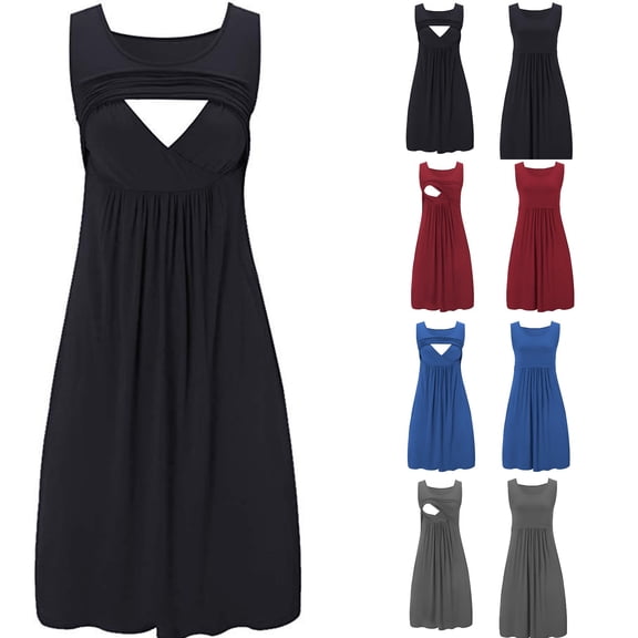 Iyufng Women's Sleeveless Crew Neck Maternity Nursing Dresses for Breastfeeding