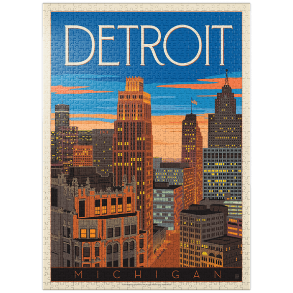 MyPuzzle - Detroit, MI: Skyline, Vintage Poster - Premium 1000 Piece Jigsaw Puzzle for Adults