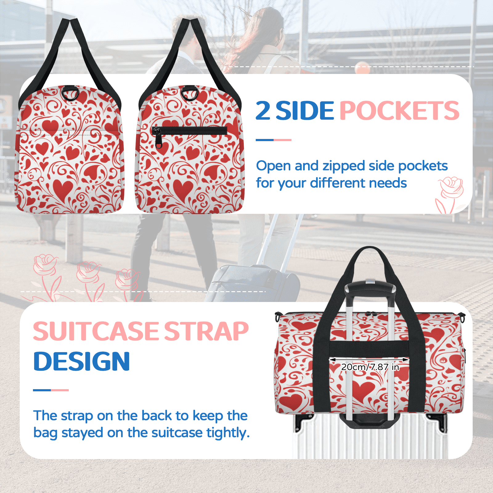 Herdesigns Red Love Gym Bag for Women, Duffle Bag for Travel Sport, Valentine's Day Lightweight Waterproof Carry on Weekender Dance Yoga Workout Bags