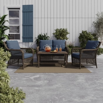 Ensemble causerie extérieur en acier 4 pièces avec coussins Belmont HOMETRENDS, bleu marine