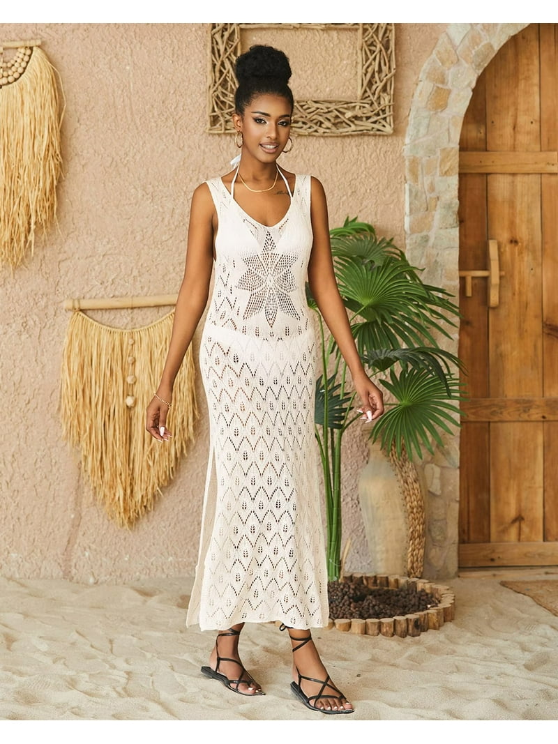■LYN See-through pin tucked detail long dress EDOLYNSA White Crochet Maxi dress for Women Bikini Coverup