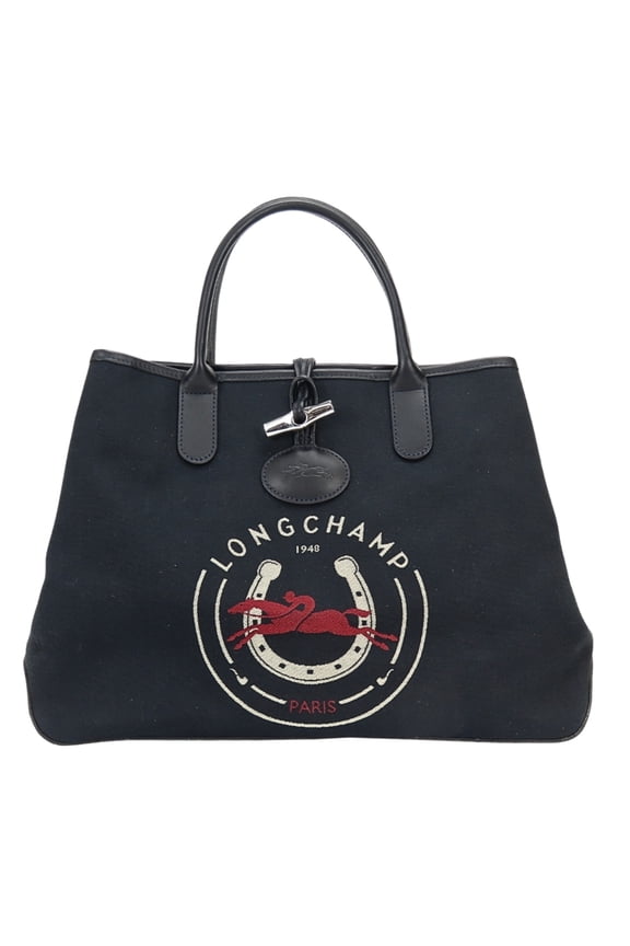 Pre-Owned Longchamp Roseau Canvas Leather Handbag, Navy, Women's