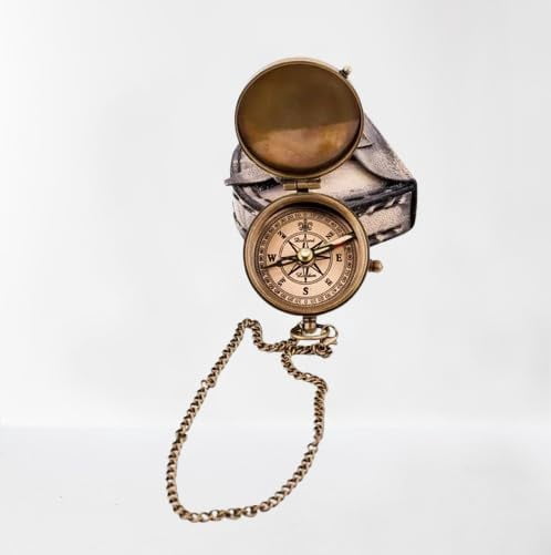 Maritime treasures Vintage Brass Compass with Leather Case – Antique Pocket Navigation Compass, Outdoor Hiking Camping Survival Gear, Nautical Gift for Men & Travelers