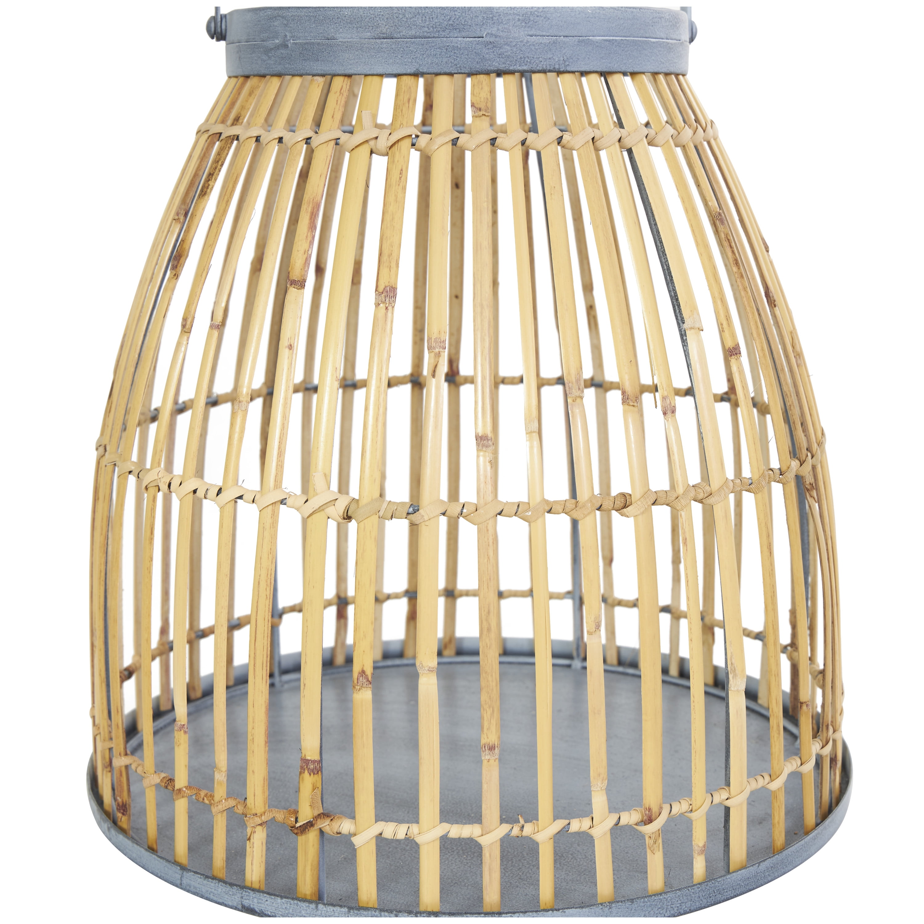 DecMode Brown Bamboo Handmade Woven Open Framed Caged Style Candle Lantern with Blue Metal Accents and Handle