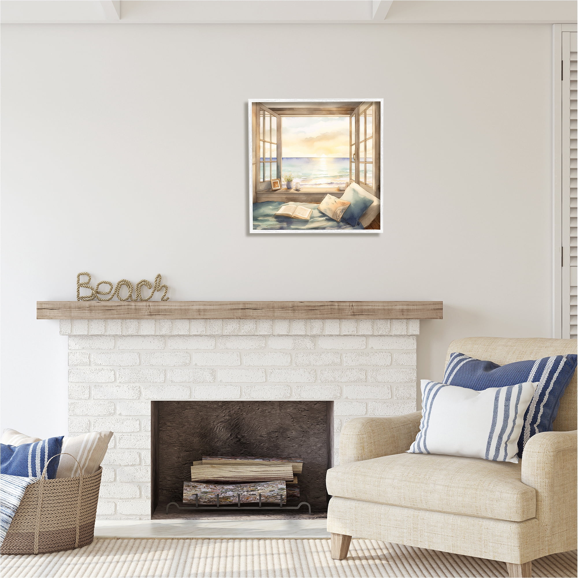 Stupell Industries Beach Window View Landscape Painting White Framed Art Print Wall Art, 24 x 24