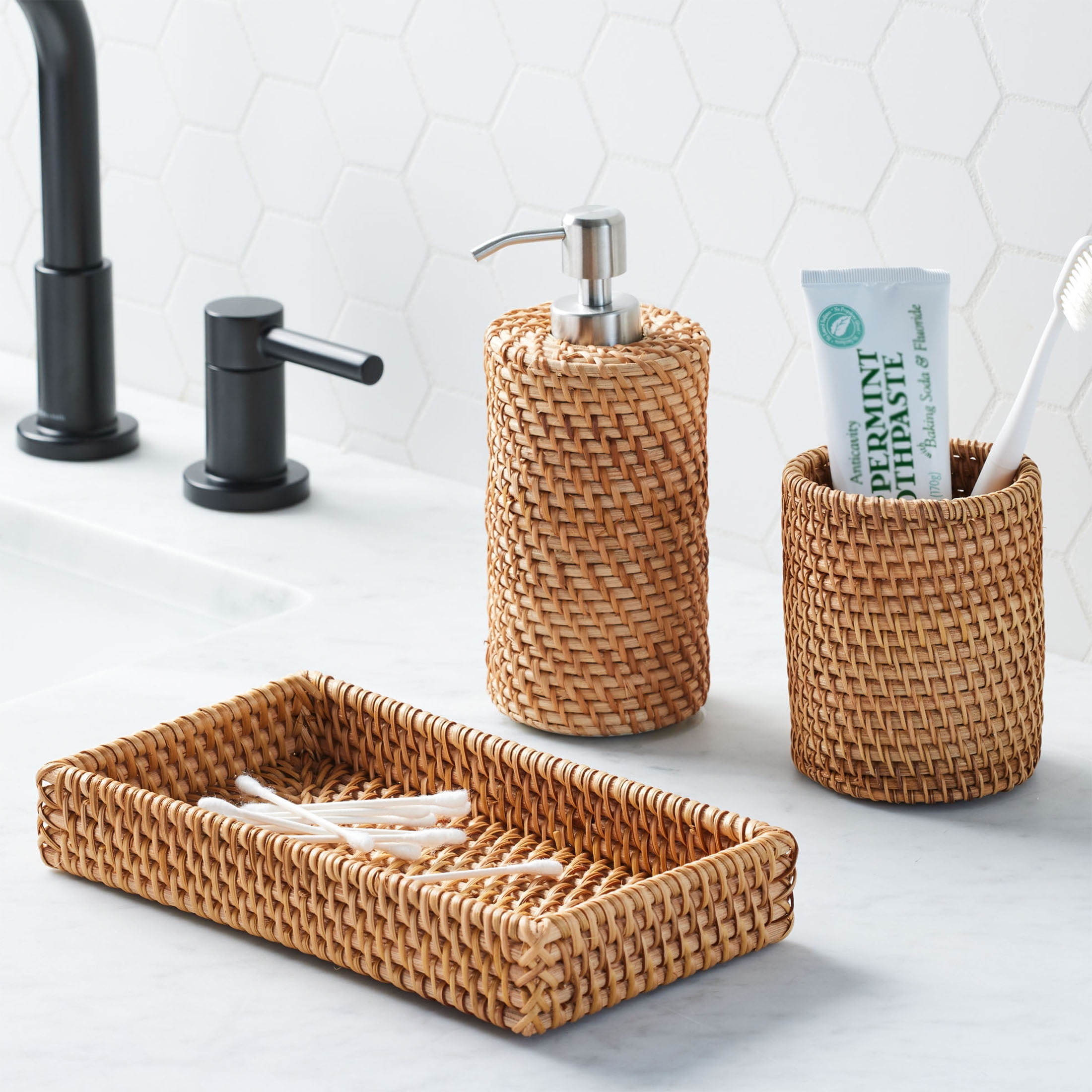 (3 pack) Better Homes & Gardens Brown Rattan Bathroom Cosmetic & Toiletry Tray