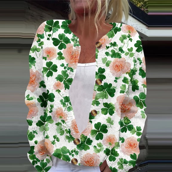 Saint Patrick's Day Cardigans for Women Long Sleeve Button Down Shamrock Lucky Irsh Pattern Cardigan Tops Saint Patrick's Day Gifts