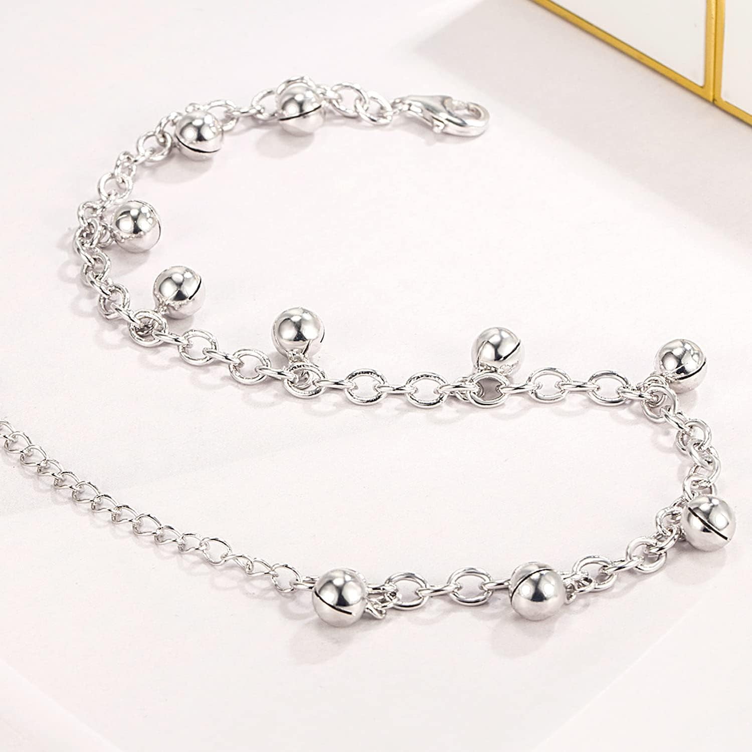 925 Sterling Silver Jingle Bells Bead Chain Charm Bracelet/Anklet, Dual Purpose of Anklet & Bracelet - Up To 10.5" Inch - for Women