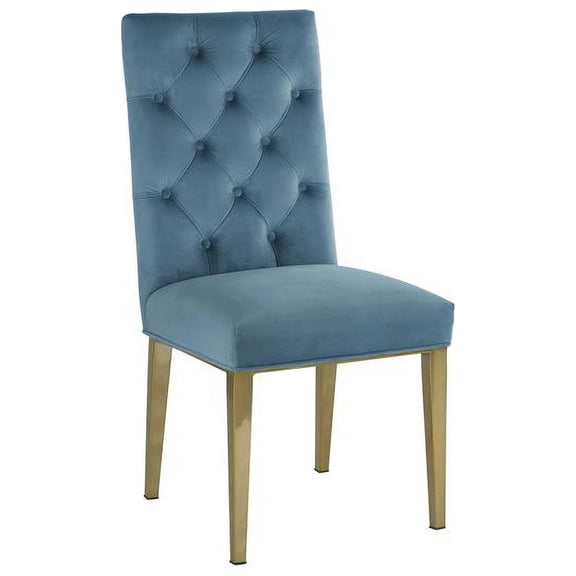 Velvet Tufted Side Chairs in Teal Blue with Gold Chrome Legs (Set of 2)