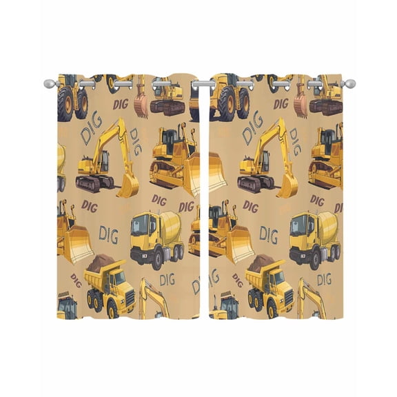 Construction Truck Sheer Curtains 54 Inch Length 2 Panels Set for Living Room/Bedroom, Cartoon Grips and Bulldozers Turmeric Kitchen Curtains Grommet Semi-Sheer Curtains Window Treatments 42"x54"x2