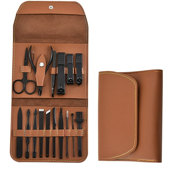 BE-TOOL 16Pcs Professional Manicure Set with Leather Case Scissors Grooming Kit Nail Toenail Tools Gits for Men and Women Brown