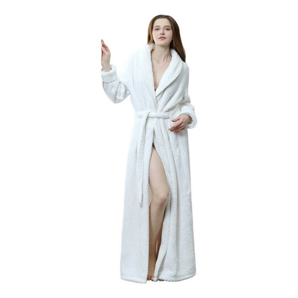 Gibobby Bata satin mujer Cinturón Fleece Ropa de dormir para mujer Cálido Albornoz largo Pijamas sólidos de felpa Color Camisón Damas Ropa de dormir integrada(Blanco,M)