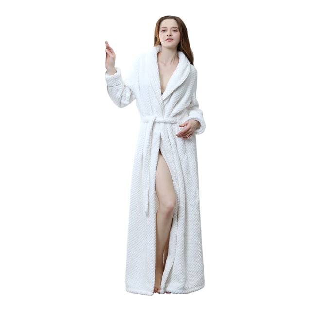 WZXFASHION Peignoir Long Uni pour Femmes en Molleton Doux et Chaud, Peignoir en Peluche avec Ceinture Intégrée, Tenue de Nuit pour Dames, Pyjama, Robe de Chambre, Nuisette, Vêtements de Nuit pour Femmes, Blanc m