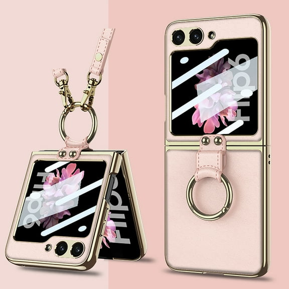 Phone Case for Samsung Galaxy Z Flip 6 Case, with Small Screen Protector and Ring Holder & Adjustable Strap Electroplated Frame Ultra-Thin Case Cover for Samsung Galaxy Z Flip 6 5G - Pink