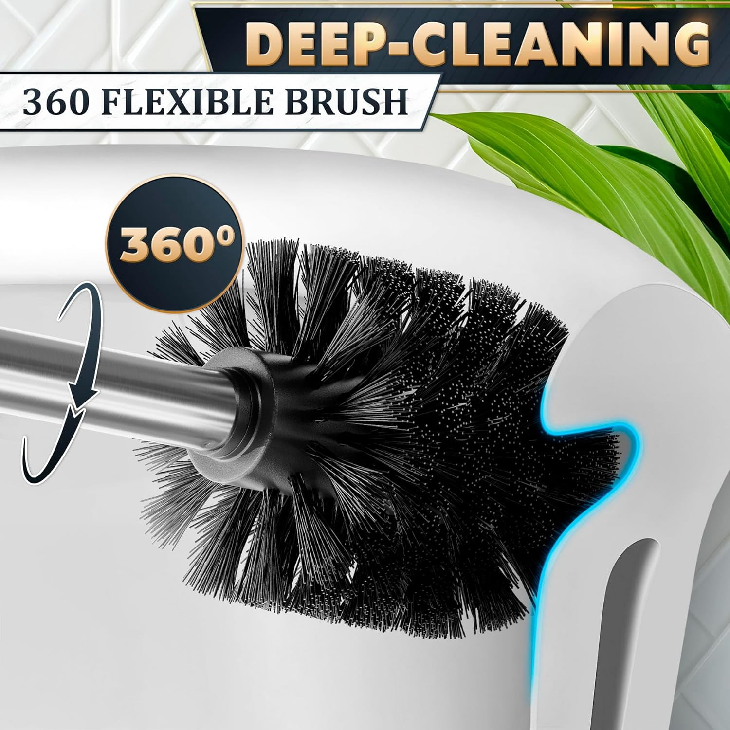 Silver Toilet Brush and Holder Set - Brushed Stainless Steel Gold Toilet Bowl Brush and Holder with Replacable Head, Removable Inner Bowl, and Splash Protection - Dense Bristles for Through Cleaning
