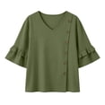 thumbnail image 5 of Ashirexll Short Sleeve Shirts for Women Summer Solid Color V-Neck Three Quarter Pleated Sleeve Button Down Slit Top T-Shirt, 5 of 7