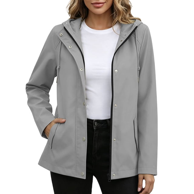 Brnmxoke Imperméables pour Femmes avec Capuches, Imperméables, Légers, Été, Unis, Cordon de Serrage, Veste de Pluie à Fermeture Éclair, Décontractée, Randonnée, Plein Air, Coupe-Vent avec Poches, Gris, P