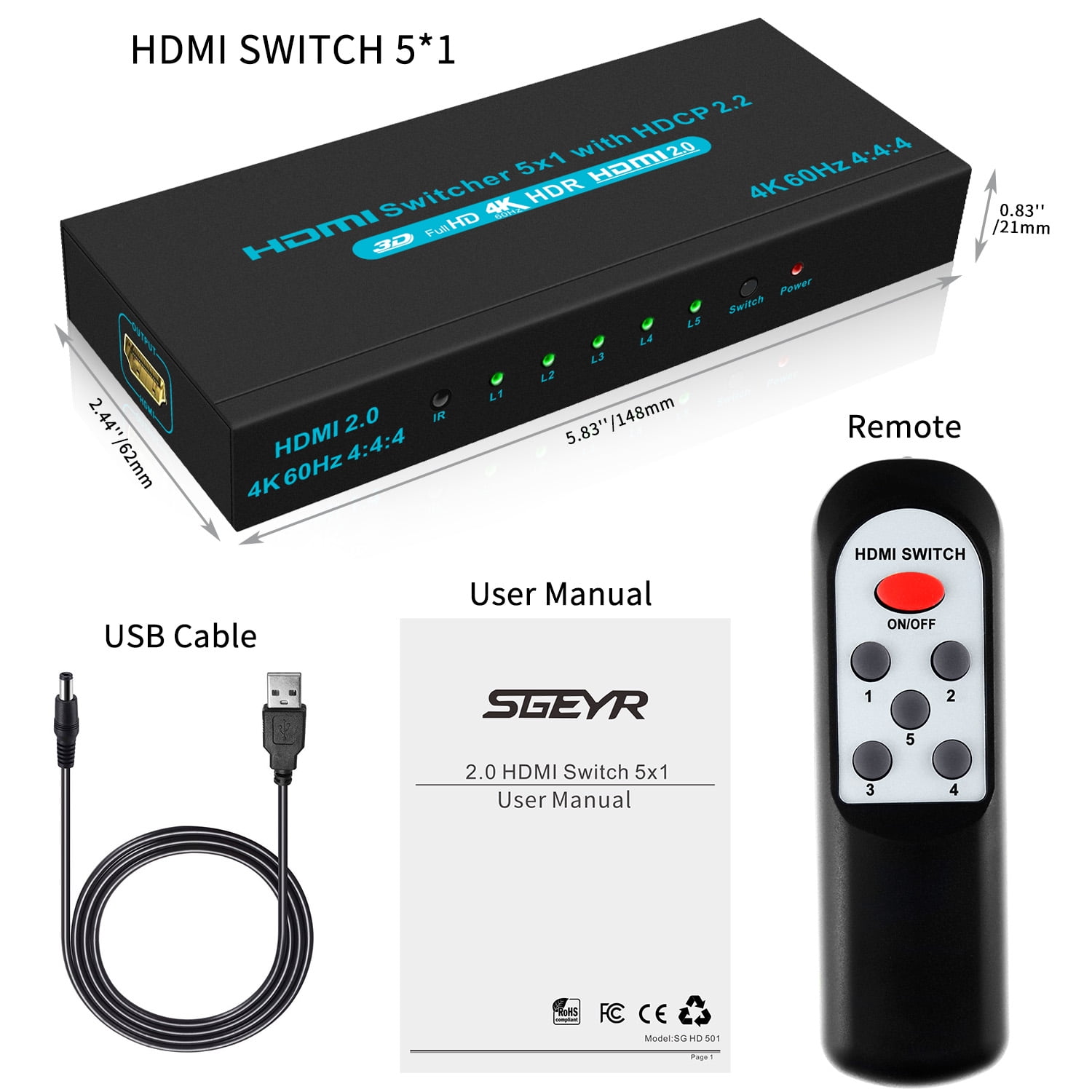 4K@60Hz HDMI 5x1 Switch with Remote,HDMI Switcher HDCP 2.2,Full HD/3D,1080P 