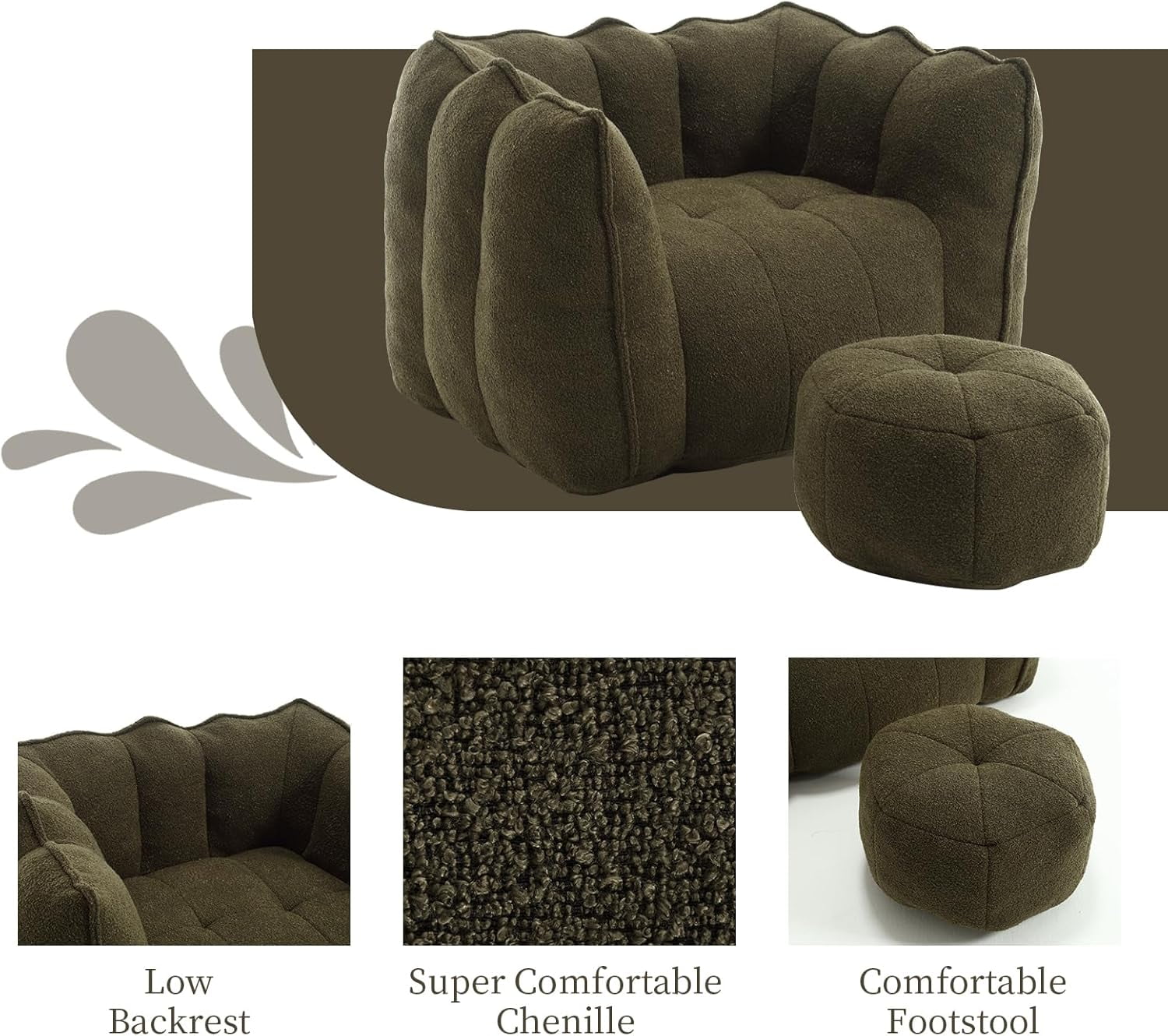 Tabaray Bean Bag Chairs with Ottoman, Bean Bag Couch for Adults, Bean Bag Sofa w High Resilient Foam, Modern Lazy Sofa Chair with Armrest for Living Room, Bedroom, Gaming Room, Apartment Olive Green