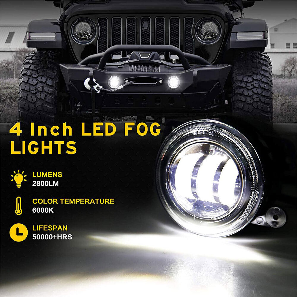 7" LED Halo Headlights + 4" Fog Light Kit For Jeep Wrangler JK (2007-2018)