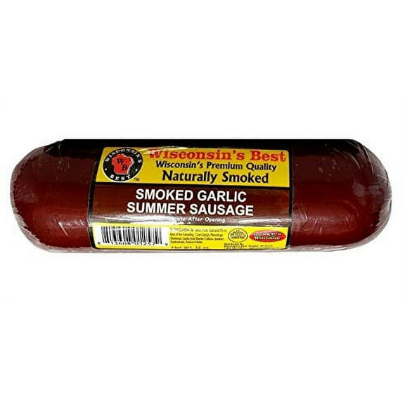 Wisconsin's Best Smoked Garlic Summer Sausage Shelf Stable, 12 oz, 1 ct, Low in Carbs, Low in Sugars, Keto Friendly, High Protein Snack, Perfect with Crackers