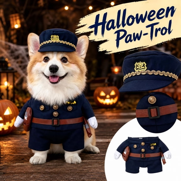 Dog Halloween Police Officer Uniform Outfit with Hat for Small Dogs Puppy Pet Halloween Party Wear 1 Piece