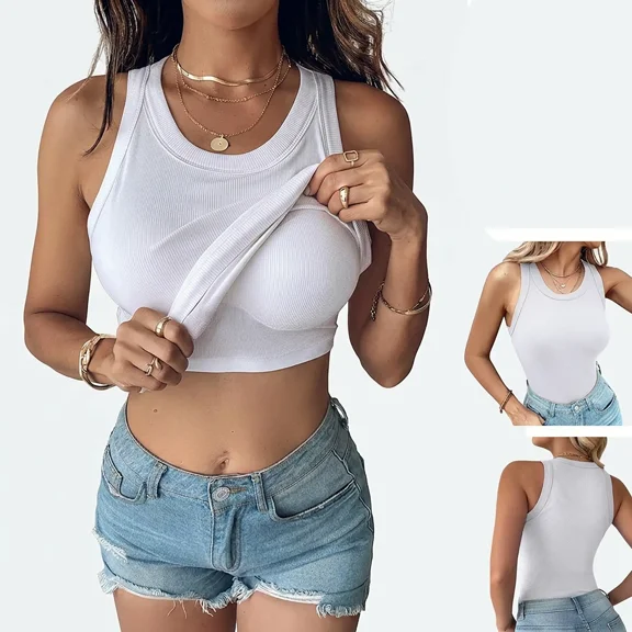 CHICME Womens Tank Tops with Built in Bras Ribbed Racerback Sleeveless Vest Casual Shirts Woman Ribbed Tank Top White-S