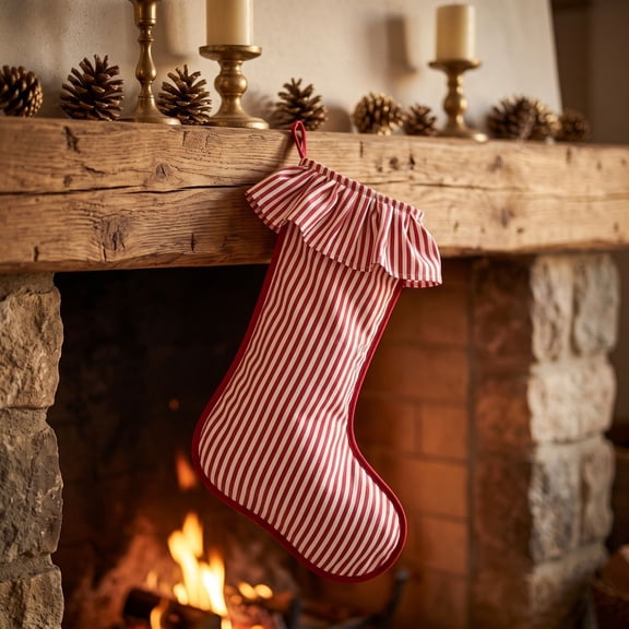 20 Inch Large Red and White Stripe Ruffled Christmas Stockings, Vintage Red and White Stripe, for Fireplace, Mantel, Xmas Tree and Home Farmhouse Decor(A)
