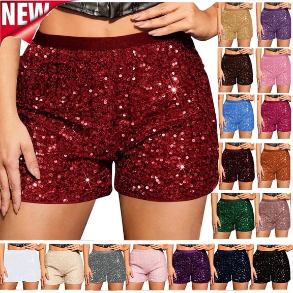 Tqyyweavej Women's Sequin Shorts Y2K High Waisted Sparkly Shorts Solid Color Straight Leg Strech Shorts for Party Clubwear Size S to 2XL
