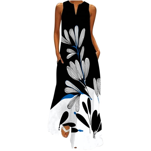 EQWLJWE Robes d'Été pour Femmes Robe Longue Décontractée pour Femmes avec Poche Imprimé Floral Robe Maxi Sans Manches Robes pour Femmes Grande Taille