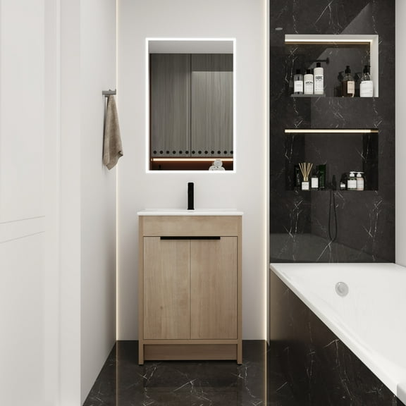 Noble House 24" Freestanding Bathroom Vanity, White Ceramic Sink, Soft-Close Doors, Adjustable Shelf, Plain Light Oak