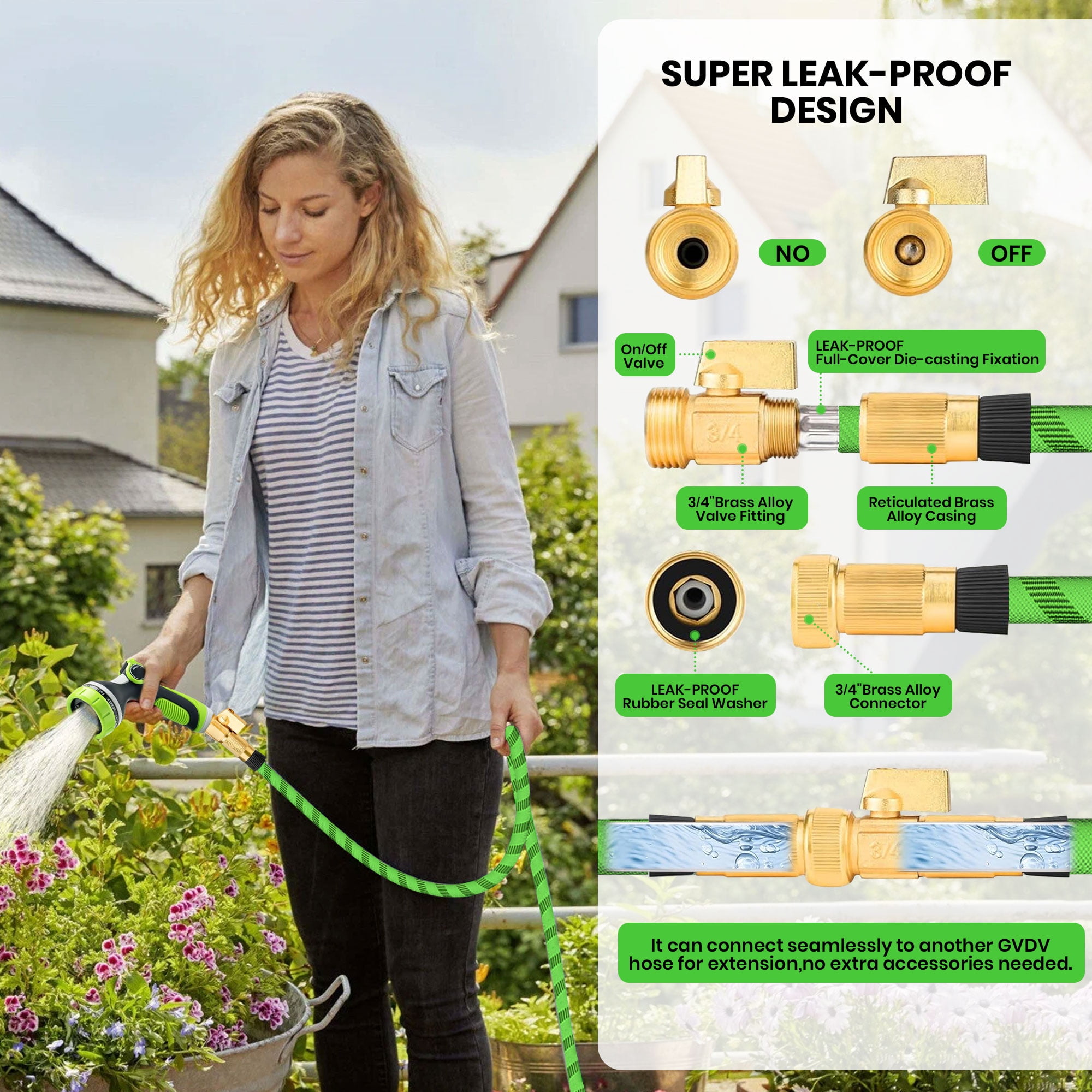 GVDV Garden Hose, 3/4" x 100ft Water Hose with 10 Function Spray Nozzle, Light Weight, 375Psi