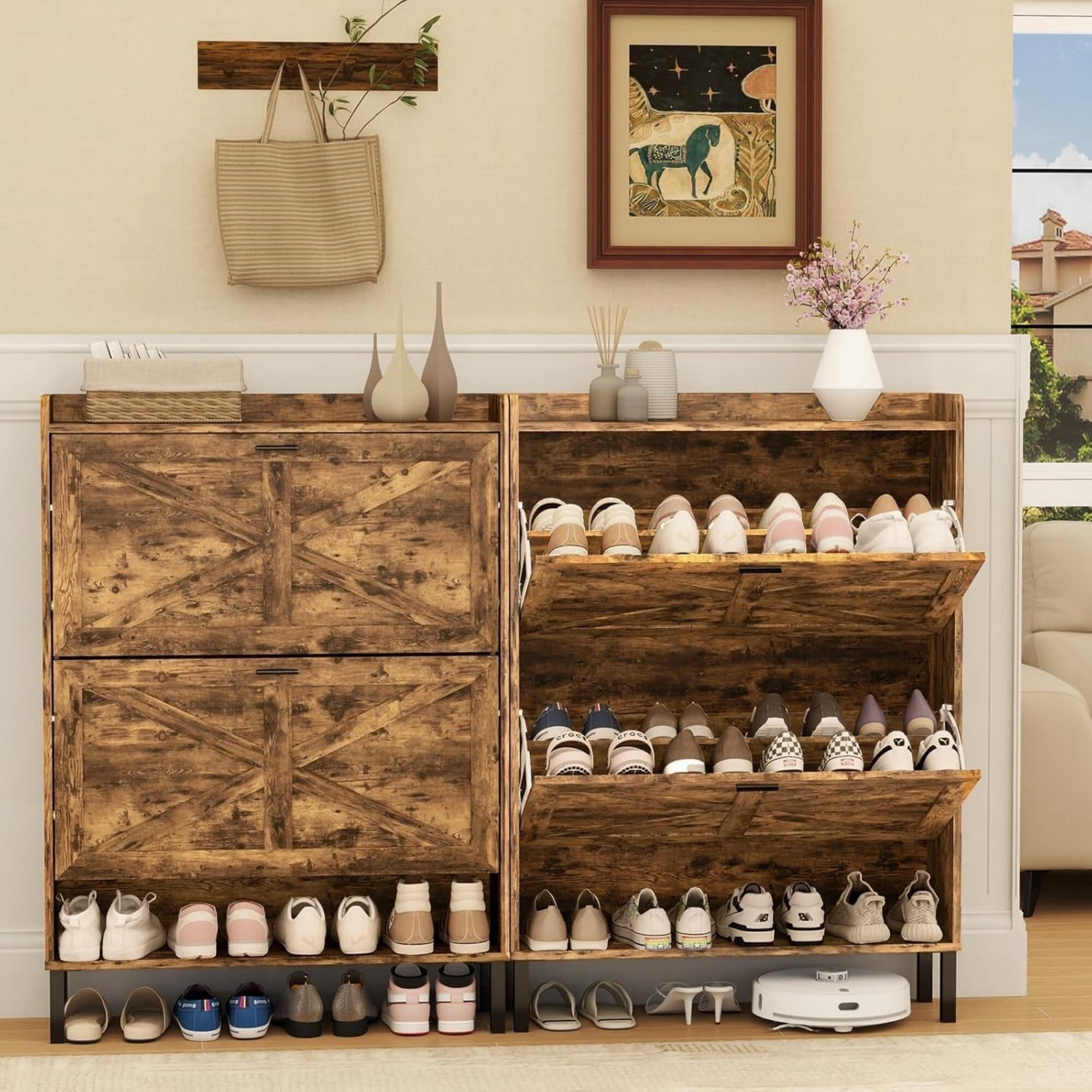 DEALTOPS Slim Flip-Drawer Shoe Cabinet – Rustic Narrow Entryway Storage for 20+ Pairs, Rustic Brown