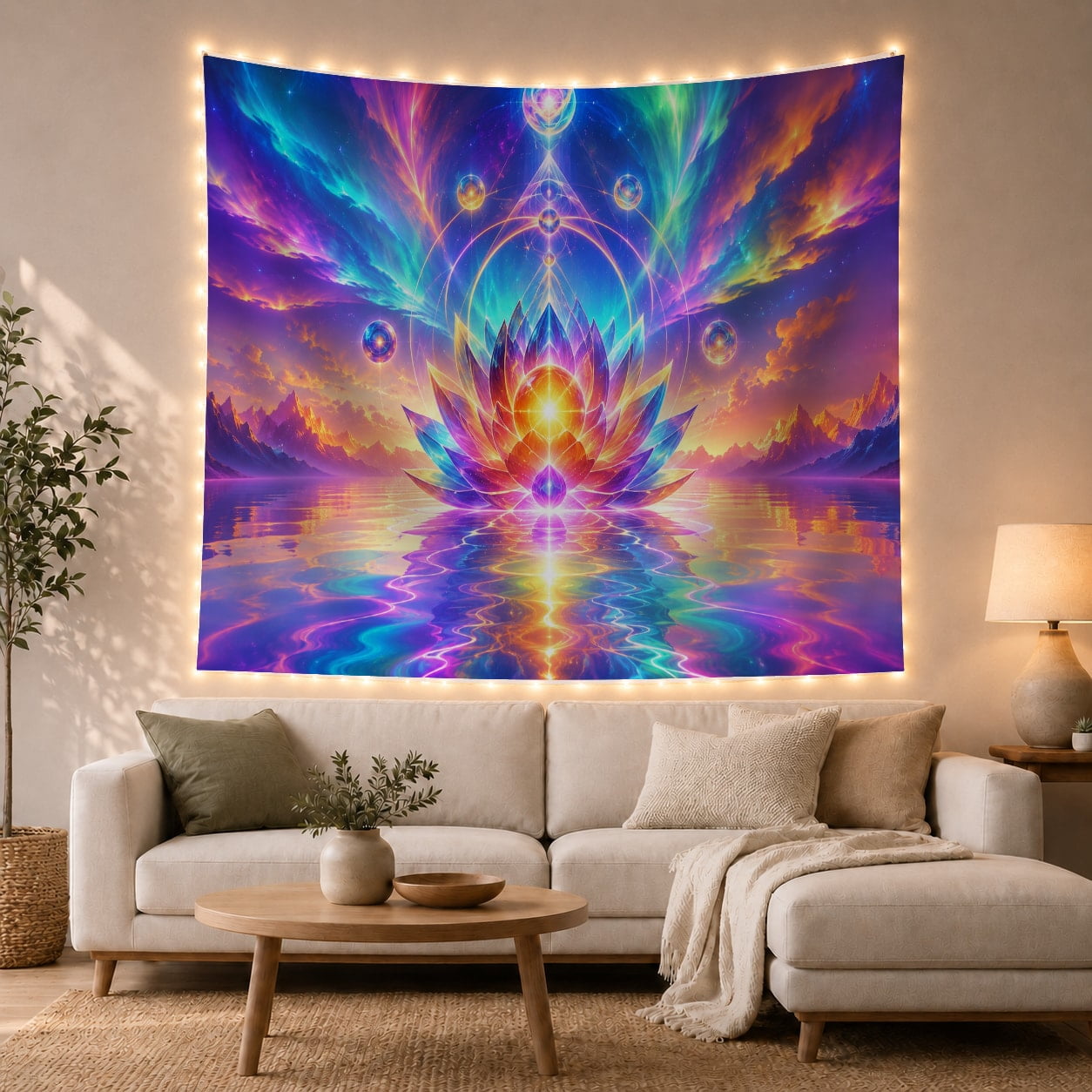 Psychedelic Lotus on Cosmic Nebula Sky, Mystical Fantasy for Art Lovers, Spiritual Wall Decor Housewarming Gift, Tapestry Wall Hanging for Bedroom and Dorm
