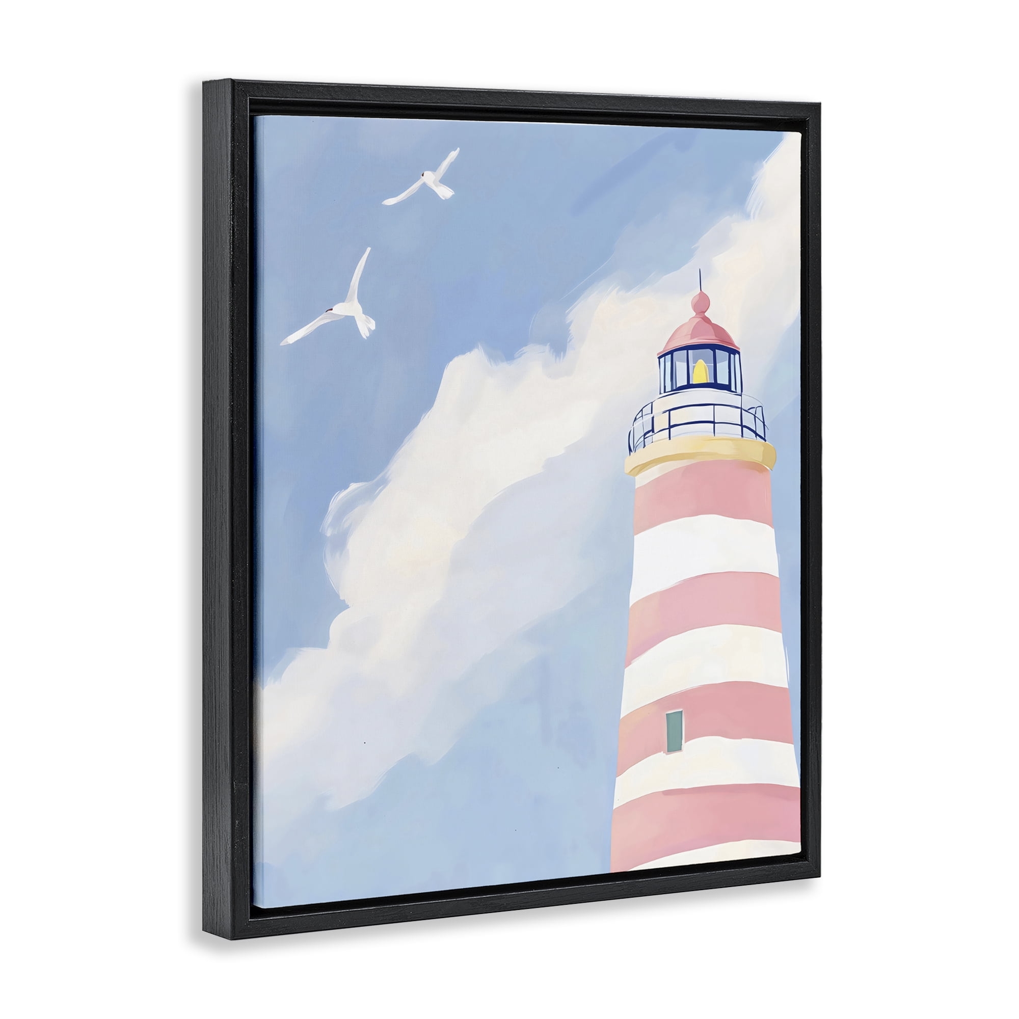 Stupell Industries Striped Lighthouse with Seagulls Black Framed Floater Canvas Wall Art, design by The Prints Vibe