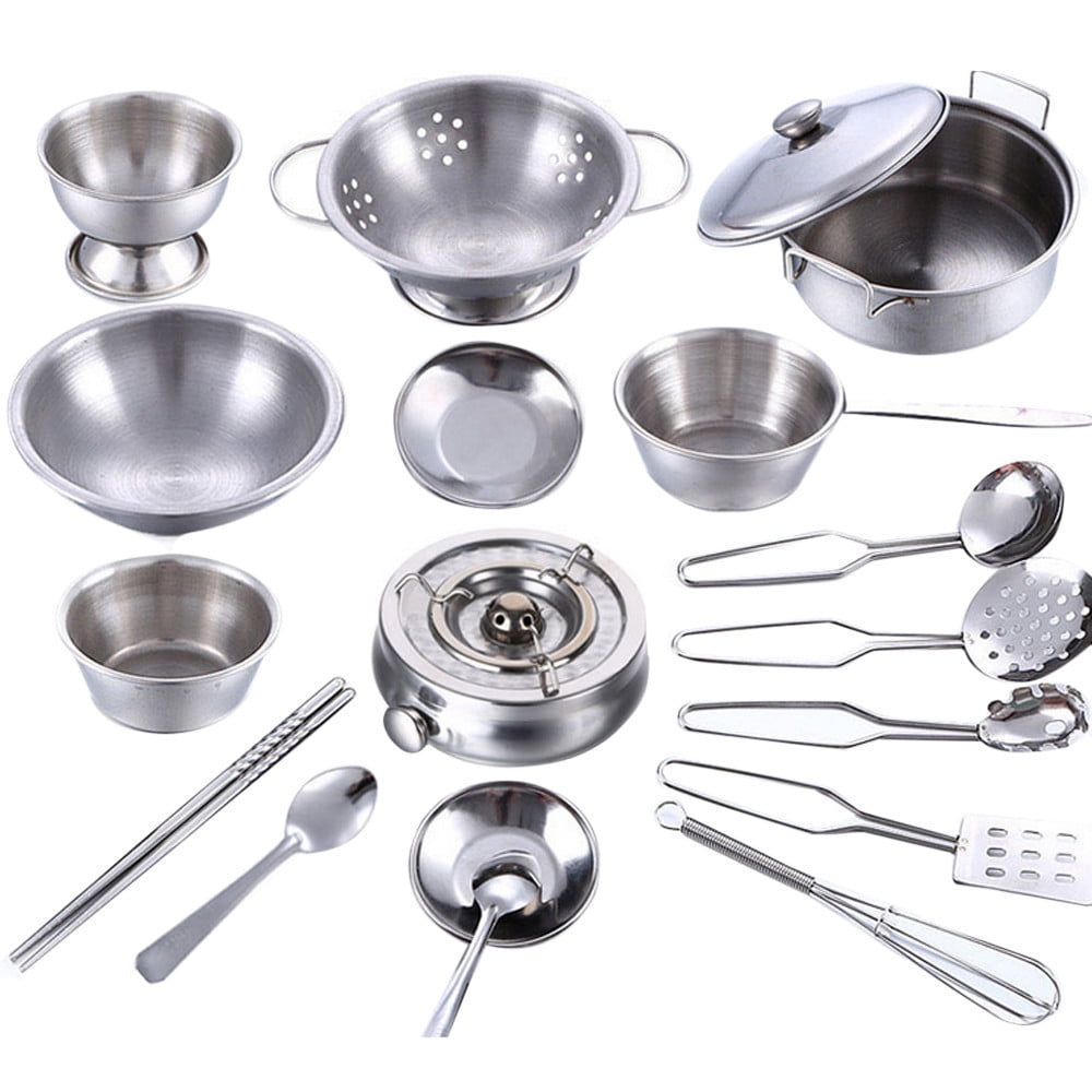 18pcs Real Cooking Stainless Steel Cookware Bowl Spoon Set Kid Role Play Toy 