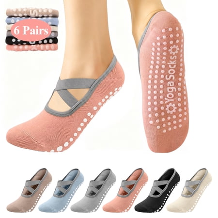 cyrico 6 Pairs Pilates Socks with Grips for Women, Non Slip Yoga Socks with Straps, Breathable Grip Socks with Stretchable Cuff for Yoga Pilates Ballet Workout Gym Dance, 5-9