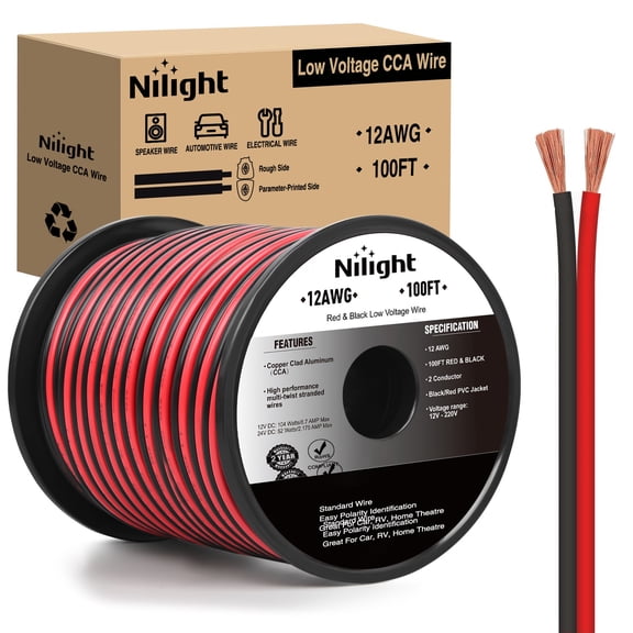 Nilight 100FT 12AWG Copper Clad Aluminum Wire 12/2 Gauge Red Black CCA Electrical Cable 2 Conductor Parallel 12V/24V DC Flexible Extension Cords for Car Audio Radio Speaker Amplifier
