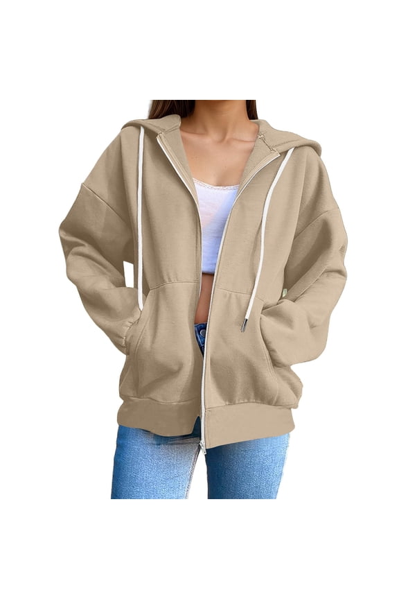 Women's Oversized Zip Up Hoodie Drop Shoulder Kangaroo Pocket Hooded Jacket Soft Casual Daily Loungewear Top