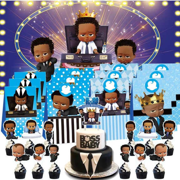Boss Baby Black Boy Goodie Bags Treat Candy Decorations Party Favor Supplies Birthday Cake Topper Backdrop Banner