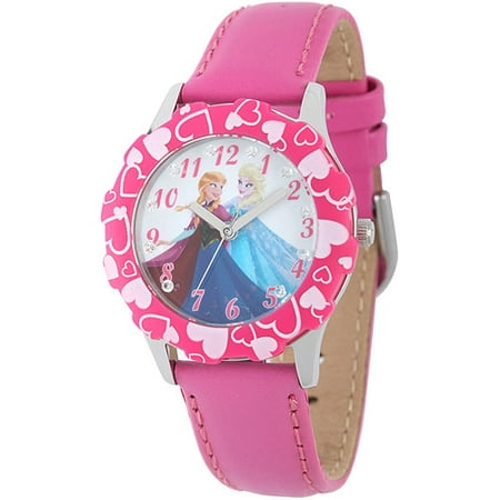 Disney Frozen Anna & Elsa Stainless Steel Glitz Case and Bezel Watch, Pink Leather Strap