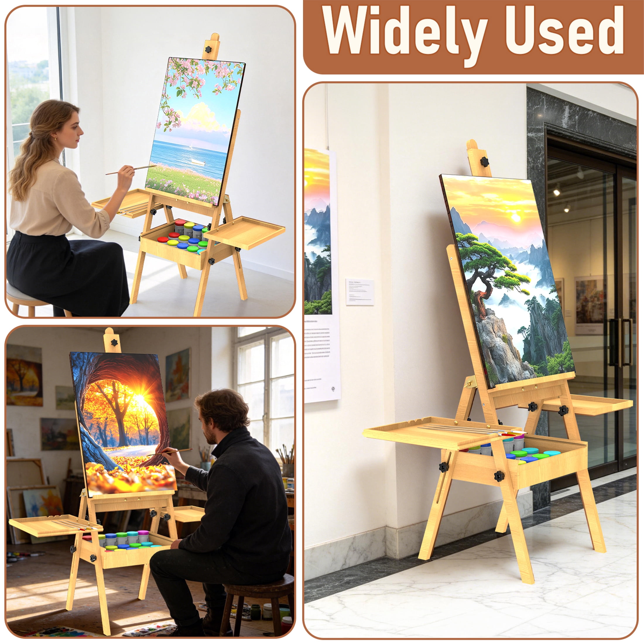 Yacona Art Easel for Painting, Wooden Easel for Adults, H-Frame with Storage Drawer, Natural Style