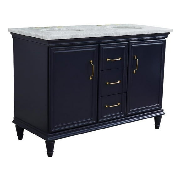 49 in. Double Wooden Vanity Blue with White Carrara Oval Sink