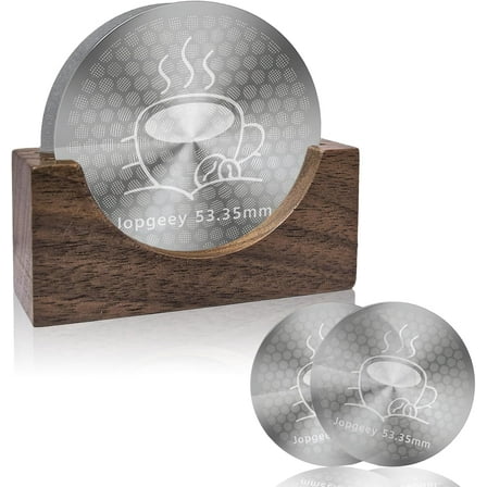 2 Pack 53.35mm Espresso Puck Screen with Stand, 0.9mm 150μm Ultra Thin, Compatible with Breville Barista 54mm Portafilter Basket, 304 Stainless Steel Espresso Machine Accessories