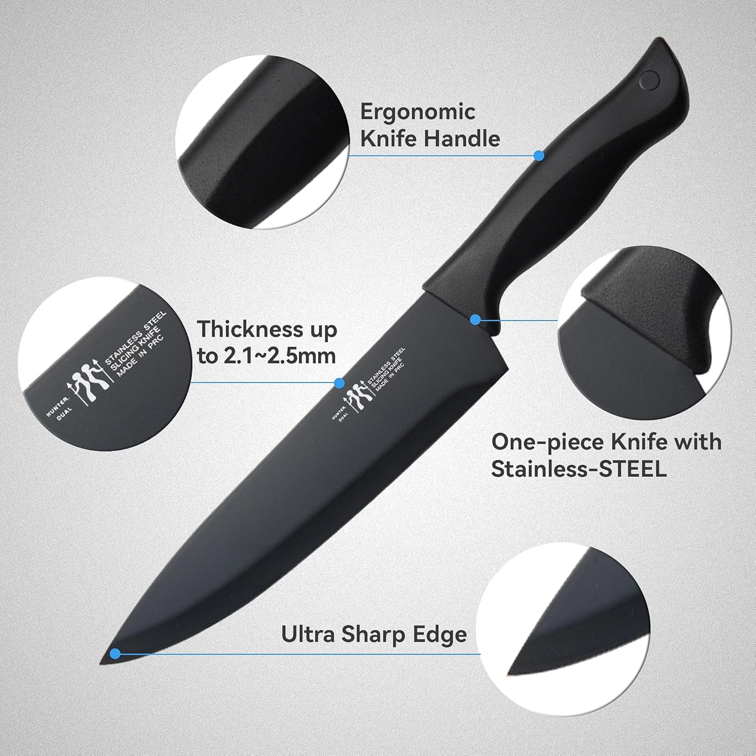 HUNTER.DUAL Knife Set, Dishwasher Safe Kitchen Knife Set with Block, 15 Pcs Black Kitchen Knife Sets with Block Self Sharpening, 6 Steak Knives, Black
