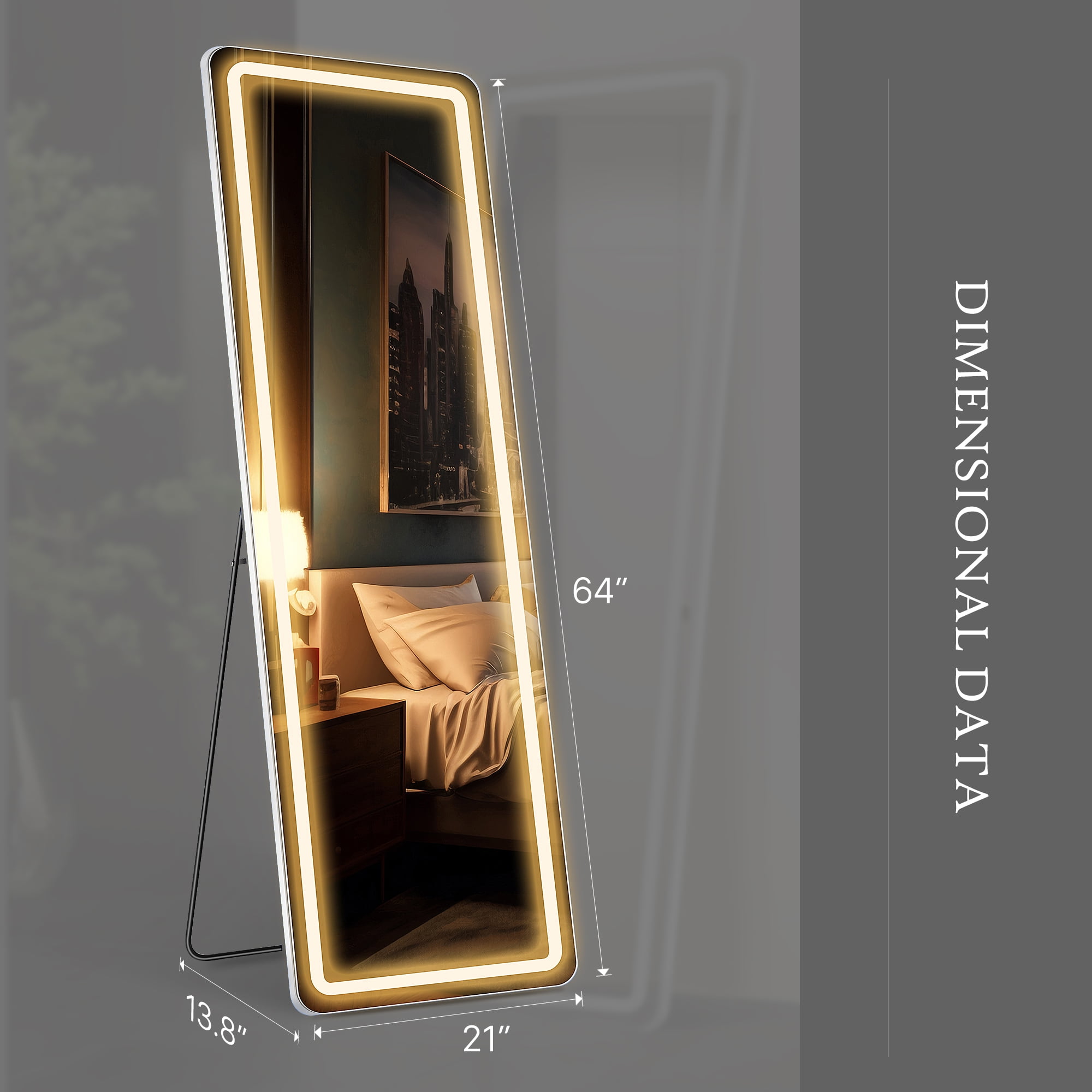 GIANNA 64"x21" LED Full Length Mirror with Aluminum Frame and Polished Glass for Bedroom