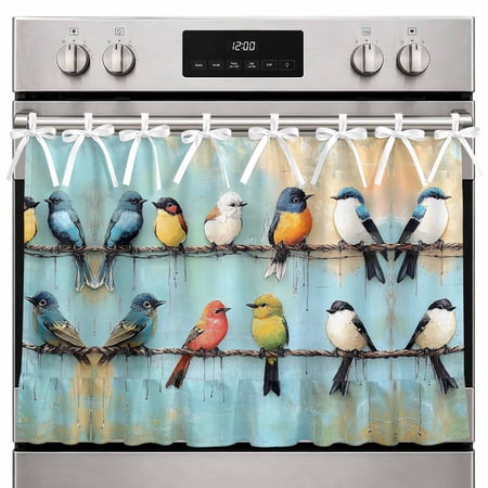 Farmhouse Oven Skirt Curtain Colorful Oil Painting Oven Curtain Tie Top Vintage Spring Birds Stove Skirt Curtains with Ties&Ruffle Trim Dishwasher Skirts Curtains Cover for Cabinet Kitchen 30 x21.5