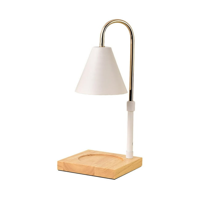 lámpara de cera de fusión regulable, calentador de velas, quemador de aceite, difusor, portavelas, luz nocturna para iluminación de cabecera, yoga, spa, decoración de hotel blanco — vista frontal 3/4 de una lámpara blanca con pantalla cónica metálica, brazo curvo dorado y base cuadrada de madera con hueco circular para vela; diseño retro europeo, indicada para dormitorio, oficina o uso en yoga y spa; adecuada también como difusor de ambiente.